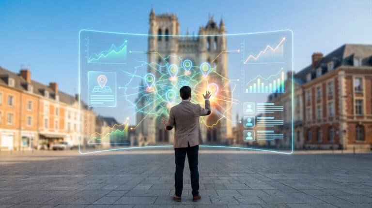 Homme interagissant avec un écran holographique affichant une carte avec des épingles, des graphiques et des données, devant la cathédrale d'Amiens.