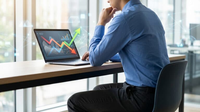 Homme analysant des graphiques de performance sur un laptop, réfléchissant aux impacts Google et aux stratégies PME.