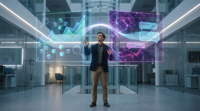 Un homme interagit avec des affichages holographiques présentant des graphiques d'analyse de données (SEO/GEO) et un cerveau (IA) dans un bureau moderne.