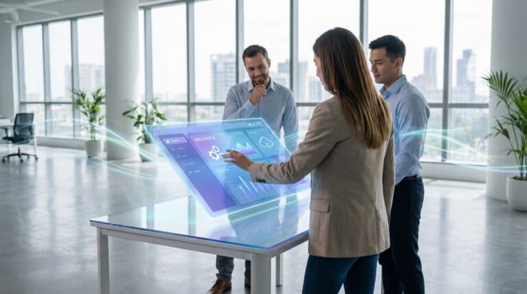 Trois professionnels en bureau moderne discutent d'une interface IA holographique sans code affichant des données d'automatisation.