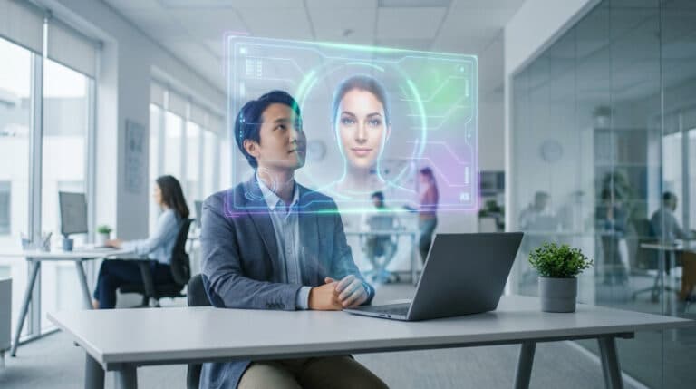 Un homme observe un avatar vidéo IA holographique féminin dans un bureau moderne. Un ordinateur portable est sur la table.