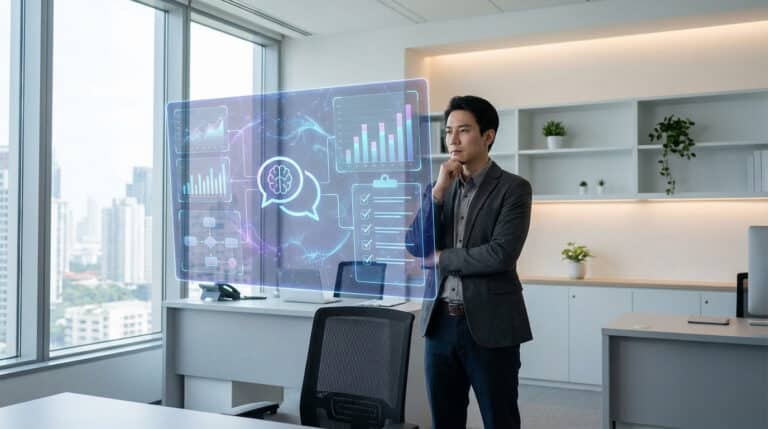 Un homme regarde un écran holographique affichant des graphiques de données et un icône de cerveau IA dans un bureau moderne.