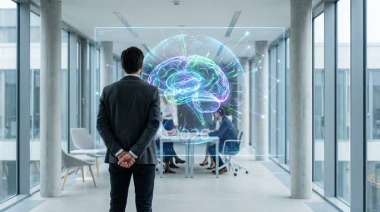 Un homme observe une projection IA d'un cerveau numérique et d'un réseau mondial, la date 2026 est visible, symbolisant la stratégie future.